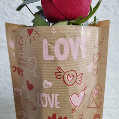 Rosa roja de San Valentin con un papel kraft / Love y un pick de corazon