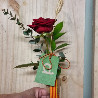 Gerro de vidre estret i tap de suro foradat amb rosa de Sant Jordi, Sant Jordi, Vila-seca, Floristeria Vila-seca, La Pineda, Salou, Cambrils, Tarragona, Reus, Riudoms, Rosas, Rosas Sant Jordi, Roses, Roses Sant Jordi, Catalunya