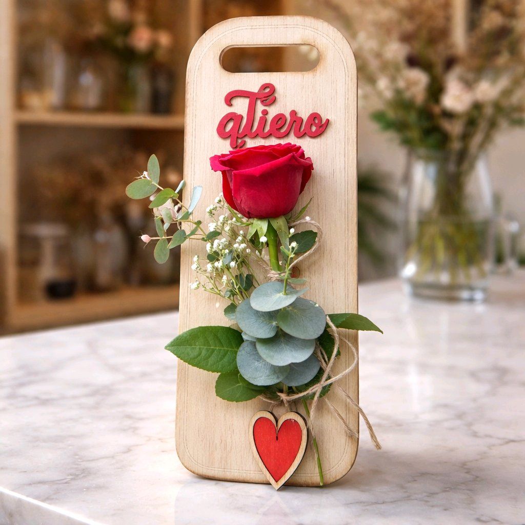 Rosa natural amb tabla de fusta artesanal i original per regalar amb amor