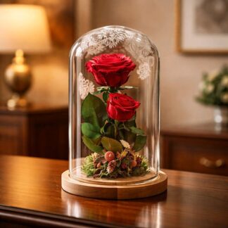 Cupula gran amb 2 roses preservades vermelles "Eternity Love"