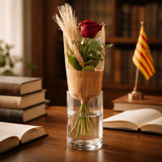 Rosa Sant Jordi amb suport artesanal de reixa de tela senyera